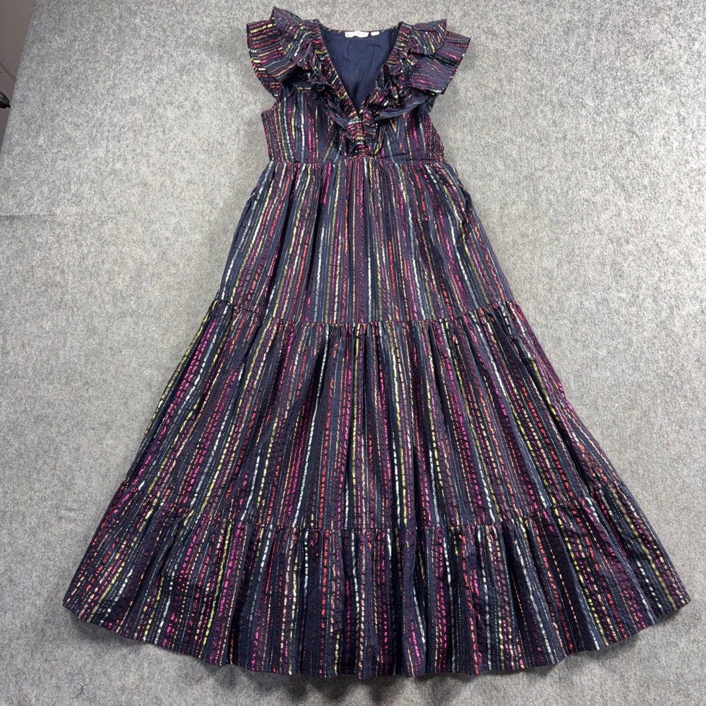 Roller Rabbit Womens Navy Metallic Stripe Ruffle Tiered Maxi Dress Small